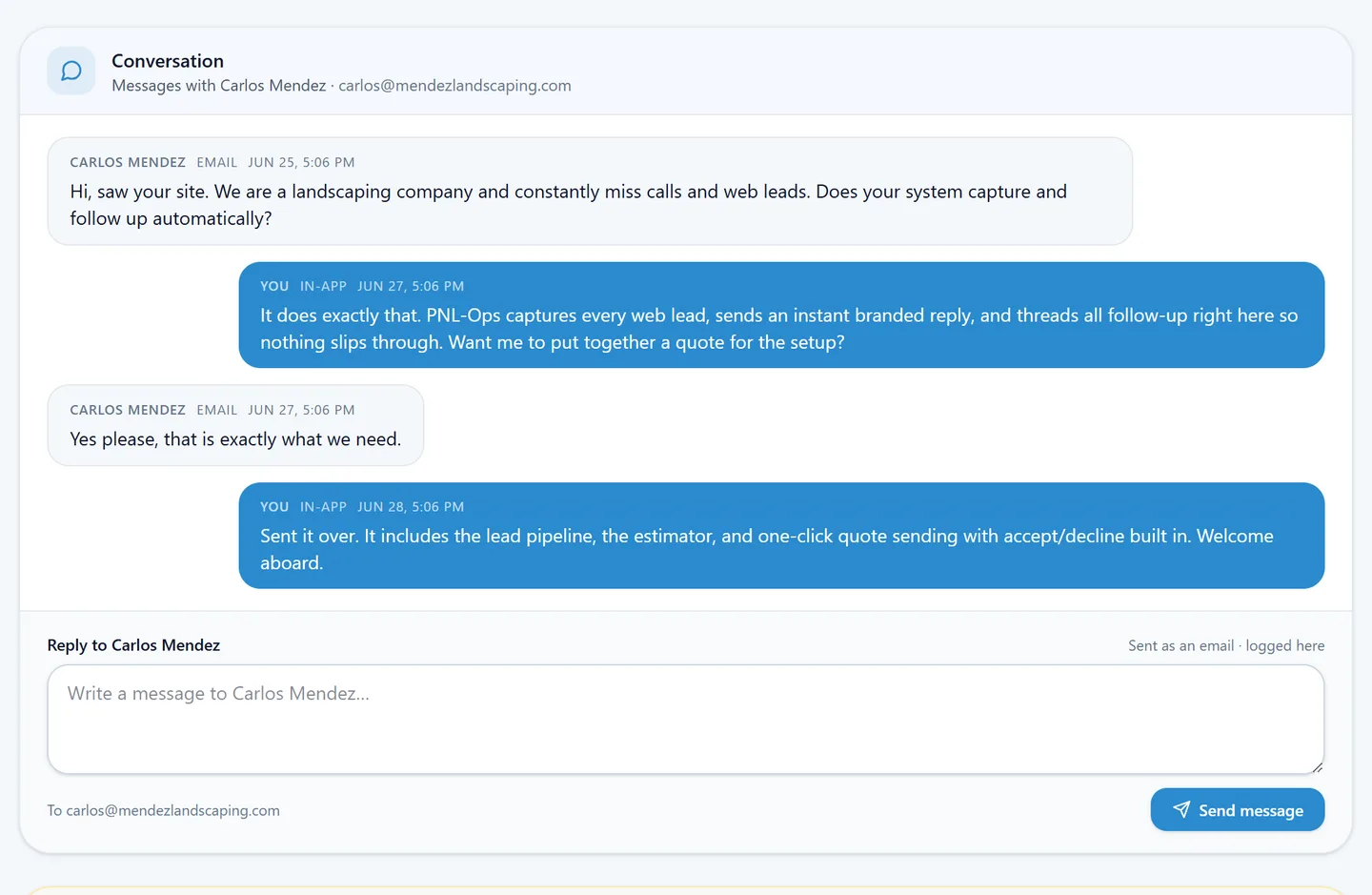 PNL-Ops two-way customer conversation, sent as email from inside the app