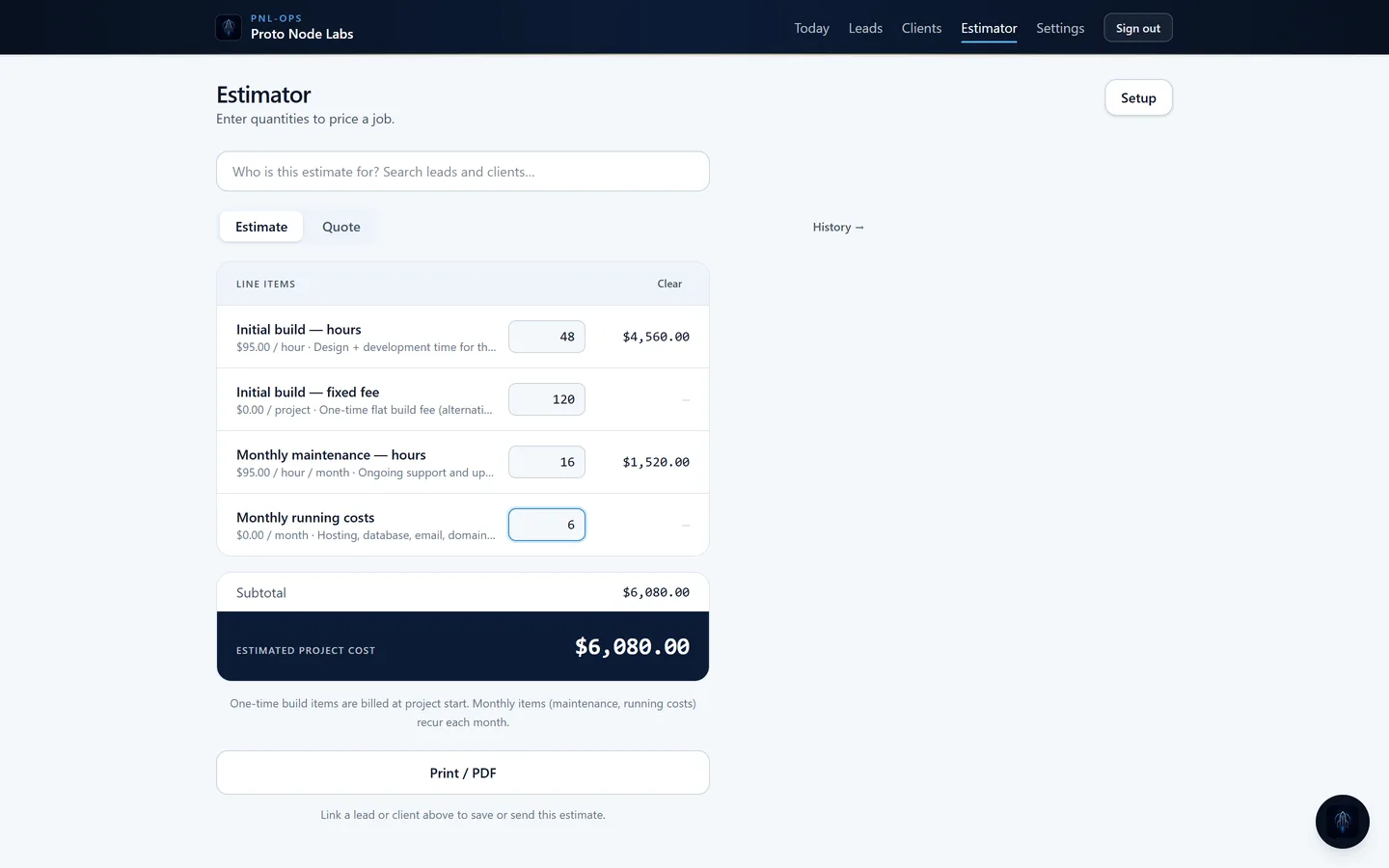 PNL-Ops estimator pricing a job against custom rates